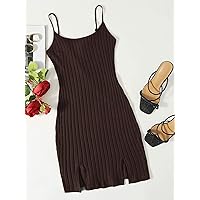 Dresses for Women Women's Dress Ribbed Cami -Slit Bodycon Mini Dress Dresses (Color : Chocolate Brown, Size : Medium)