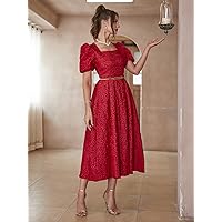 Women's Dress Dresses for Women Square Neck Embossing Puff Sleeve Dress Without Belt Dresses for Women (Size : X-Small)