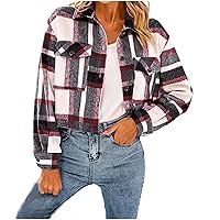Women's Fall Fashion Cropped Plaid Shacket Jacket Button Down Long Sleeve Crop Shirts Short Flannel Shirt Coat Top