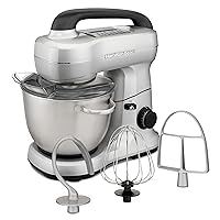 Hamilton Beach Electric Stand Mixer, 4 Quarts, Dough Hook, Flat Beater Attachments, Splash Guard 7 Speeds with Whisk, Silver