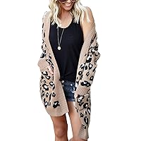 Women Leopard Cardigan Long Open Front Sweaters Loose Knit Coat Draped Jumper with Pockets