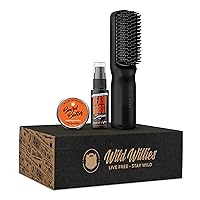 Wild Willies Beard Balm Leave-in Conditioner, Growth Serum & Straightener Kit Premium Natural Beard Care & Growth for Thicker, Fuller Healthier Beard - 2-in-1 Ionic Styling Brush for Beard & Hair