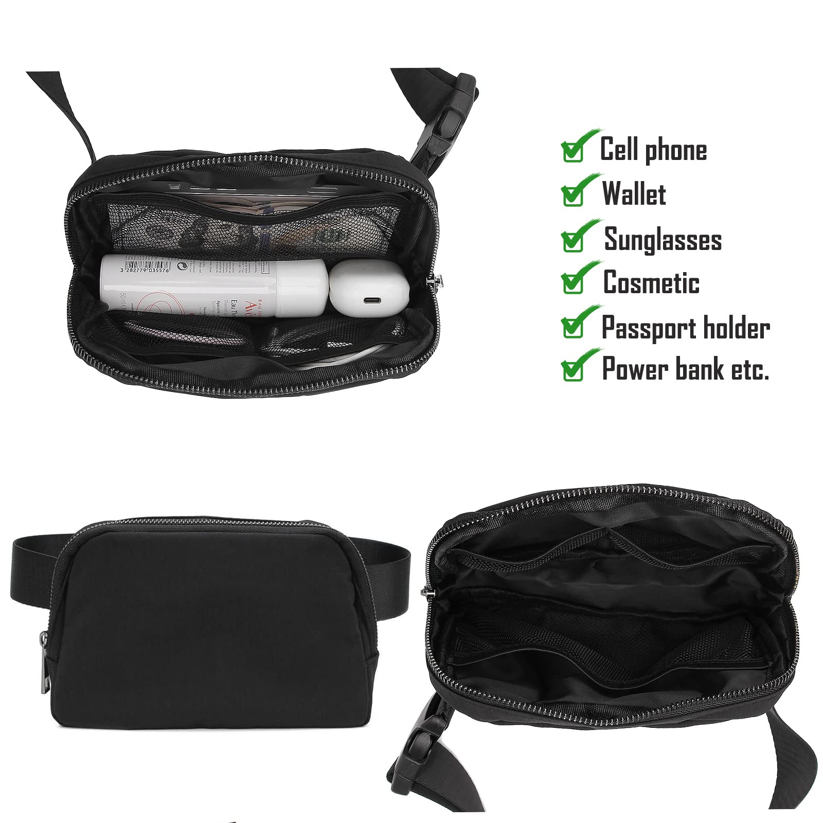 Belt Bag with Extender Strap, Fanny Pack Crossbody Bags Christmas Gifts for Women Men, Mini Everywhere Belt Bag, Small Waist Pouch for Travel Run Outdoor Cycling and Shopping (Black)