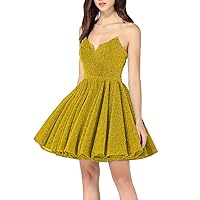 Women's Sexy Sparkly Glittery Short Sweetheart Homecoming Dresses 2019 A Line V-Neck Prom Dress Gold