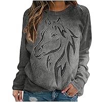 Women 3D Horse Graphic Sweatshirt Vintage Paint Print Distressed T Shirt Crewneck Pullover Casual Long Sleeve Top