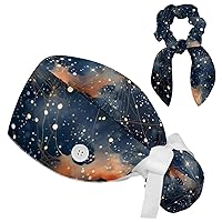 Constellations K Working Cap Hats with Bow Scrunchy, Adjustable Scrub Caps for Women with Button and Sweatband