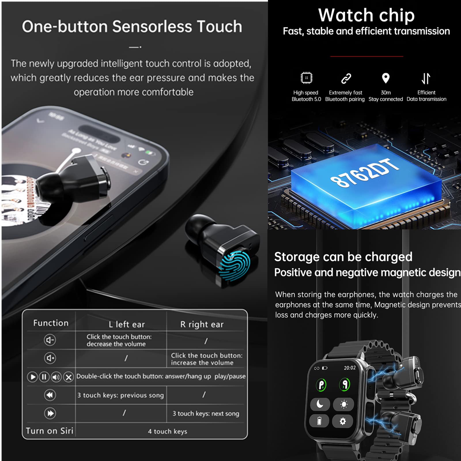 Tuanzi N22 2 in 1 Smartwatch with Earbuds 1.96 Inch NFC Smart Sport Watch Health Monitor TWS Music MP3 Speaker HiFi Stereo Wireless Headset Combo (Black)