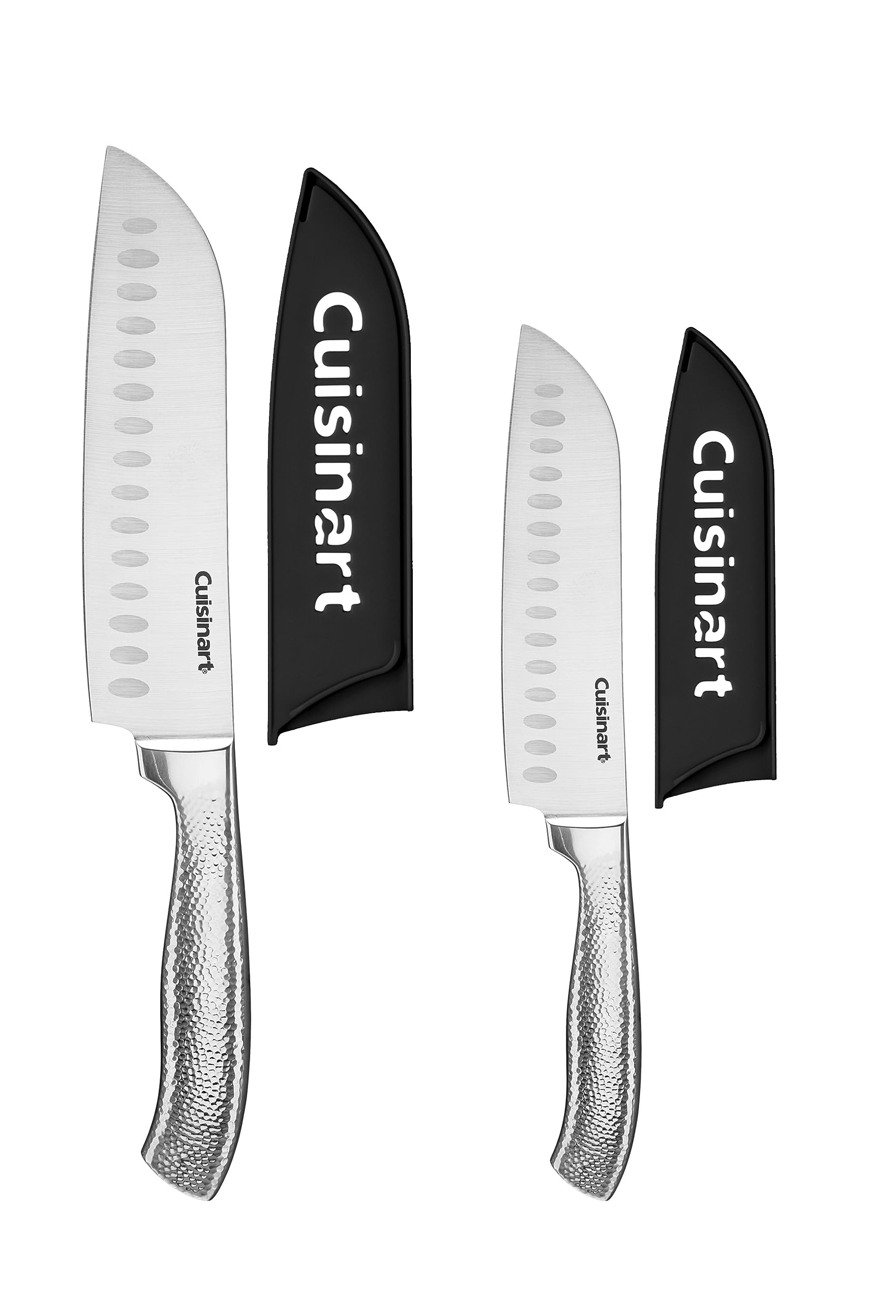 Cuisinart Classic High-Carbon Hammered Stainless Steel Forged Knife Set With Sheath Blade Gaurds (4-Piece Set) 7-Inch Santoku and 5-Inch Santoku