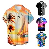 Hawaiian Shirt for Men 2024 Funny Coconut Tree Printed Short Sleeve Button Down Vacation Beach Shirts Men Bowling Tops