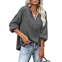 Women Solid Color Hoodies Tops Casual Drawstring Lace V Neck Long Sleeves Lightweight Loose Pullover Sweatshirts