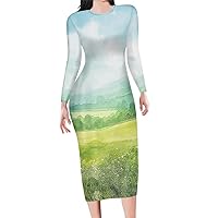 Galaxy Space Womens Bodycon Crew Neck Midi Pencil Dress Work Business Outfit Sexy Party Club Dresses Plus Size