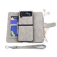MODOS LOGICOS Case for Samsung Galaxy Z Flip 4, [Detachable Wallet Folio][Zipper Cash Storage][Up to 14 Card Slots 1 Photo Window] PU Leather Purse with Removable Inner Magnetic TPU Case - Grey