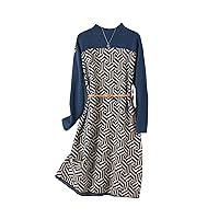 Irregular Print Vintage Knitted Long-Sleevs Women's Dress Elegant Mid-Calf Comfortable Dresses