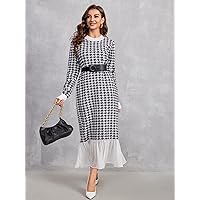 Sweater Dress for Women Houndstooth Pattern Ruffle Hem Sweater Dress Without Belt Sweater Dress for Women (Color : Black and White, Size : Medium)