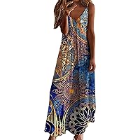 Sun Dresses for Women Casual Floral Print Sleeveless Tank Dress Summer V Neck Spaghetti Strap Flowy Maxi Dress