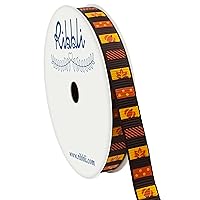 Ribbli Grosgrain Fall Ribbon,Pumpkins & Maple Leaf Stripe Ribbon Use for Autumn Craft,Thanksgiving Gift Wrapping,Home Decor,3/8 Inches x 10 Yards,Yellow/Orange/Brown
