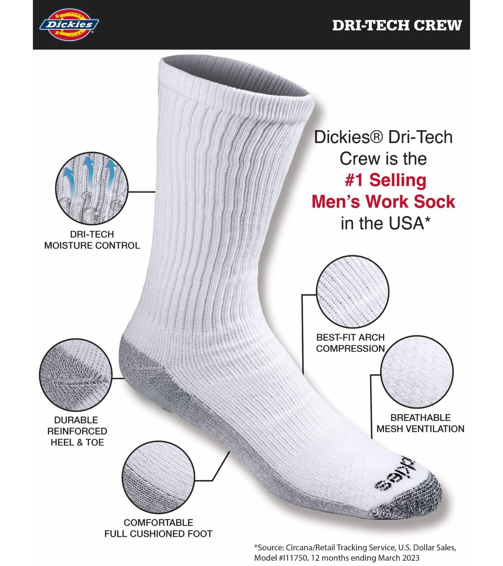 Dickies mens Dri-tech Moisture Control Crew Multipack Socks, White (6 Pairs), Shoe Size 6-12 US