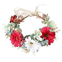 Women Flower Crown Bridal Flower Headband Hair Wreath Floral Headpiece Halo Boho with Ribbon Party Prom Wedding Photos Red and White