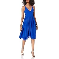 Dress the Population Women's Alicia Plunging Mix Media Sleeveless Fit and Flare Midi Dress