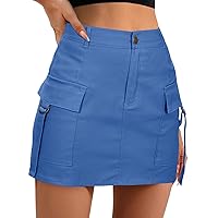 Women's Y2K Skirt Low Rise Mini Bodycon Denim Skirt with Flap Pockets, Teen Girls Lightweight A-Line Cargo Short Skirts