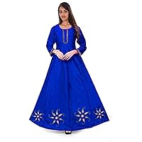 Women Silk Dress Embroidered Long Tunic Ethnic Frock Suit Casual Maxi Dress Royal Blue