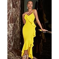 Women's Dress Ruffle Trim Asymmetrical Hem Cami Dress (Color : Yellow, Size : Medium)