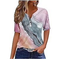 Womens Tops Trendy V Neck Boho Short Sleeve Shirts Dressy Casual Marble Print Vacation Tops Loose Comfy Tunic Clothes