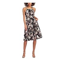 RACHEL Rachel Roy Womens Black Pocketed Zippered Floral Spaghetti Strap Square Neck Knee Length Evening Fit + Flare Dress 0