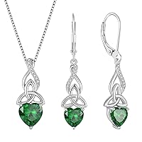 Infinity Celtic Knot Jewelry Set for Women 925 Sterling Silver Irish Necklace Emerald Dangle Drop Leverback Earrings May Birthstone Jwelry Gifts for Mom