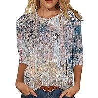 Shirts for Women, Womens Tops 3/4 Sleeve Crewneck Cute Shirts Casual Print Trendy Tops Summer T Shirt