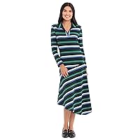 Maggy London Women's Long Sleeve Striped Midi with Asymmetrical Hem and Collar Neck