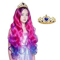 Long Wavy Costume Wig Princess Cosplay Wig with Crown for Halloween Dress Up Carnival Party (Rose)