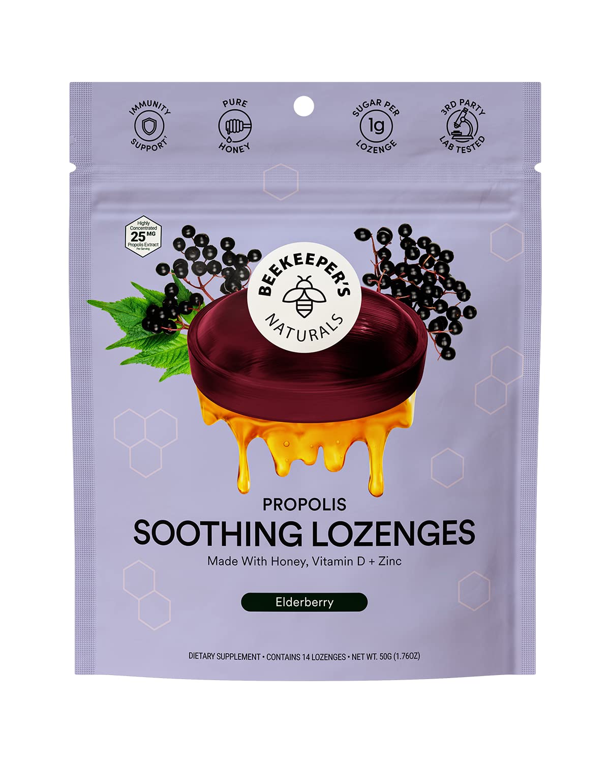 Beekeeper's Naturals Soothing Honey Elderberry Cough Drops Immune Support with Vitamin D, Zinc and Propolis Throat Soothing Lozenges, 14 Ct