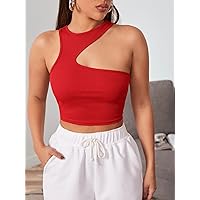 Women's Tops Women's Shirts Sexy Tops for Women Asymmetrical Shoulder Crop Top (Color : Red, Size : X-Small)