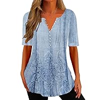 Summer Tops for Women 2023 Casual Plus Size Short Sleeve T Shirts Trendy Floral Button Split V-Neck Tunic Blouse