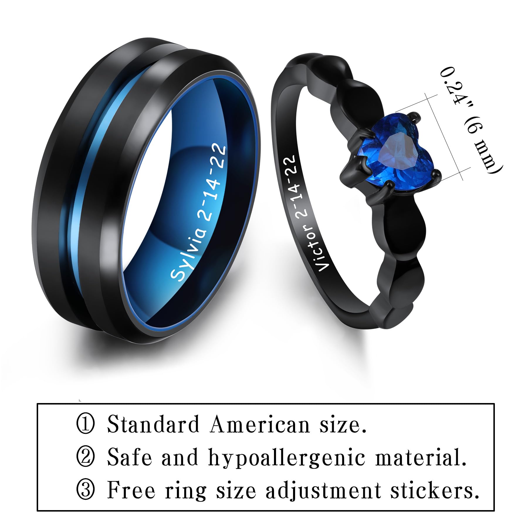 MeMeDIY Personalized Stainless Steel Couples Rings Set, Engraved Names Promise Rings with Heart Gemstone, Gift Bag Included