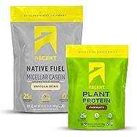 Ascent Casein Protein Powder Vanilla Bean 2 lb & Plant Protein Powder Chocolate 18 Servings