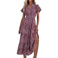 Beach Boho Dresses for Women 2024 V Neck Short Sleeve Ruffle Ruched Hawaiian Sundresses Floral Maxi Dress Stylish Resort Wear