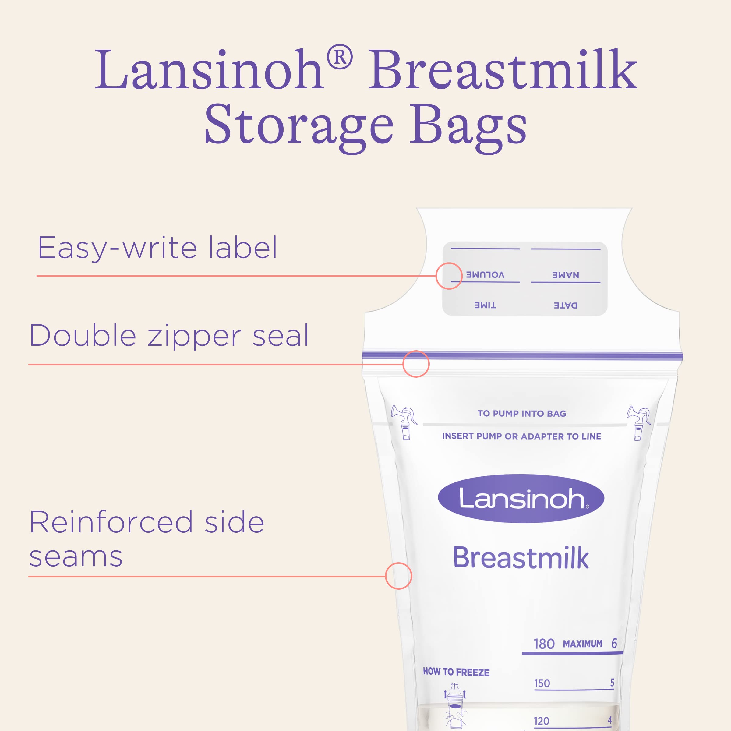 Lansinoh Breastmilk Storage Bags, 50 Count, 6 Ounce, Easy to Use Milk Storage Bags for Breastfeeding, Presterilized, Hygienically Doubled-Sealed, for Refrigeration and Freezing