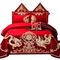 Double Happiness Dragon and Phoenix Bird with Mandarin Duck Embroidery Chinese Red Wedding Bedding King Queen Cotton Embroider Wedding Duvet Sets(Color 5 King,6PC/Set)
