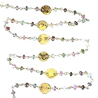 Multi Tourmaline Faceted Rondelle Gemstone Beaded Coin/Disc Rosary Chain by Foot For Jewelry Making - 24K Gold Plated Over Silver Handmade Wire Wrapped Bead Chain Necklaces