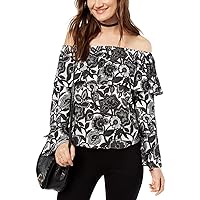INC Womens Off-The-Shoulder Printed Pullover Top Green S