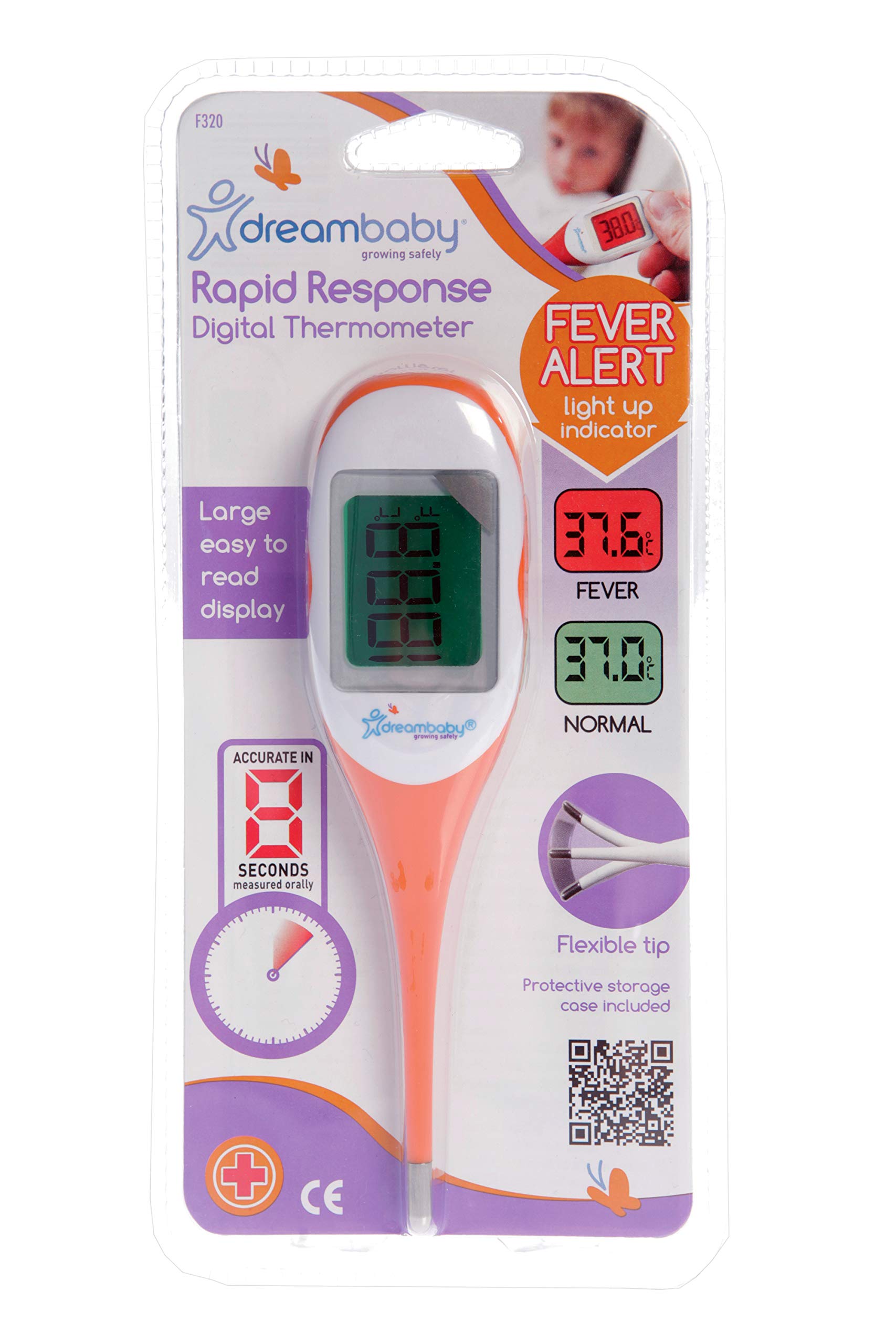 Dreambaby Rapid Response Digital Thermometer with Fever Alert, Orange