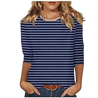 3/4 Length Sleeve Tops for Women Summer Striped Color Block Print Shirts Crewneck Pullover Basic Tees Vintage Blouse