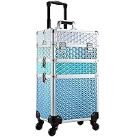 Adazzo Professional Rolling Makeup Train Case 3 in 1 Aluminum Trolley Case with 360° Rotation Wheels for Makuep Artist Cosmetic Suitcase Organizer with Lock and Key Diamond Pattern - Turquoise Cascade