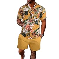SOLY HUX Men's 2 Piece Outfits Tropical Print Short Sleeve Button Down Hawaiian Shirt and Shorts Set