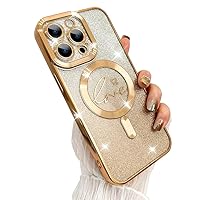 KANGHAR Magnetic Case for iPhone 15 Pro Max 6.7 inch Compatible with Magsafe Love Heart Glitter Shockproof Protective Cover Clear Slim Phone Case for Women Girls Girly, Gold