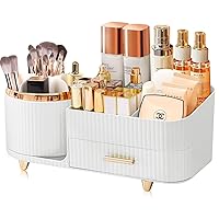 Makeup Organizer for Vanity, Rotating Cosmetics Organizer Countertop with Brush Holder, Skincare Organizer Storage Box with Drawer for Perfume, Beauty, Lipstick, Facial Mask, Bathroom, Bedroom