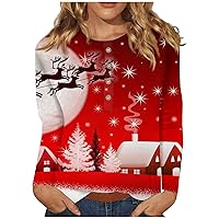 Womens Christmas Shirts Trendy Xmas Pattern T Shirt Button Crew Neck Long Sleeve Tops Going Out Cute Clothes