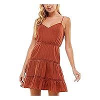 Womens Brown Adjustable Lace Pullover Lined Tiered Insets Spaghetti Strap V Neck Short Fit + Flare Dress Juniors XL